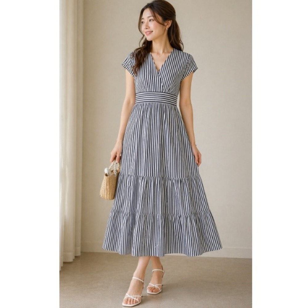Boden Women's French Navy Ivory Stripe Eloise Tiered Jersey Dress Size 14R NWT